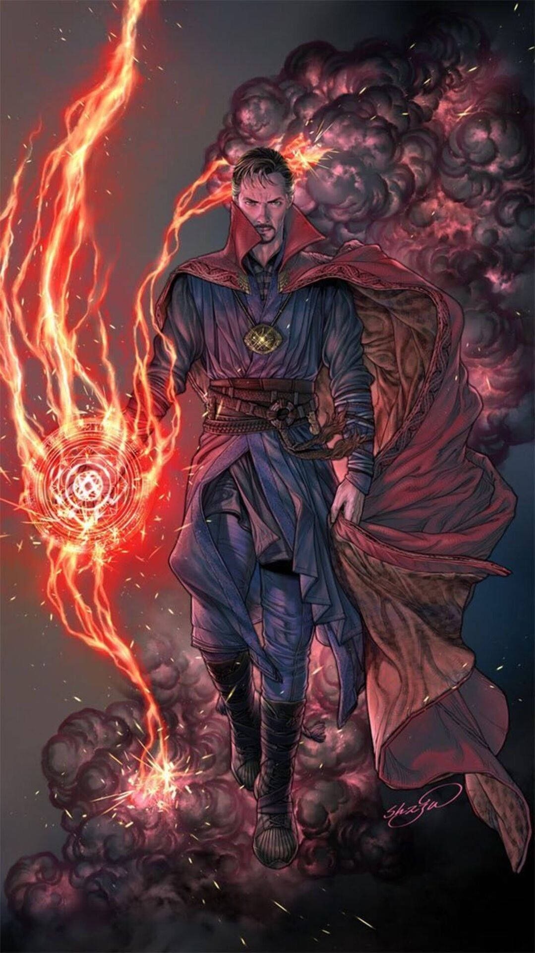 奇異博士在烏雲環繞中施展熾熱的魔法咒語。