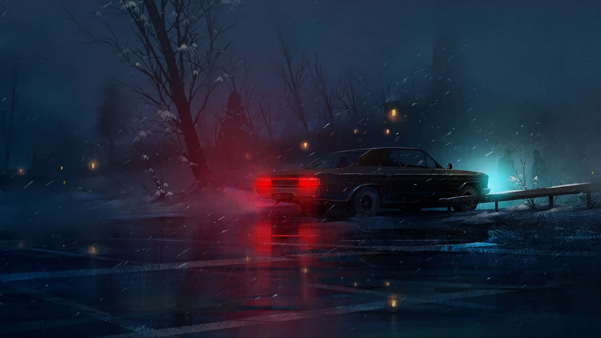 復古車停在積雪的路邊，夜晚中紅色尾燈在濕漉漉的路面上反射。