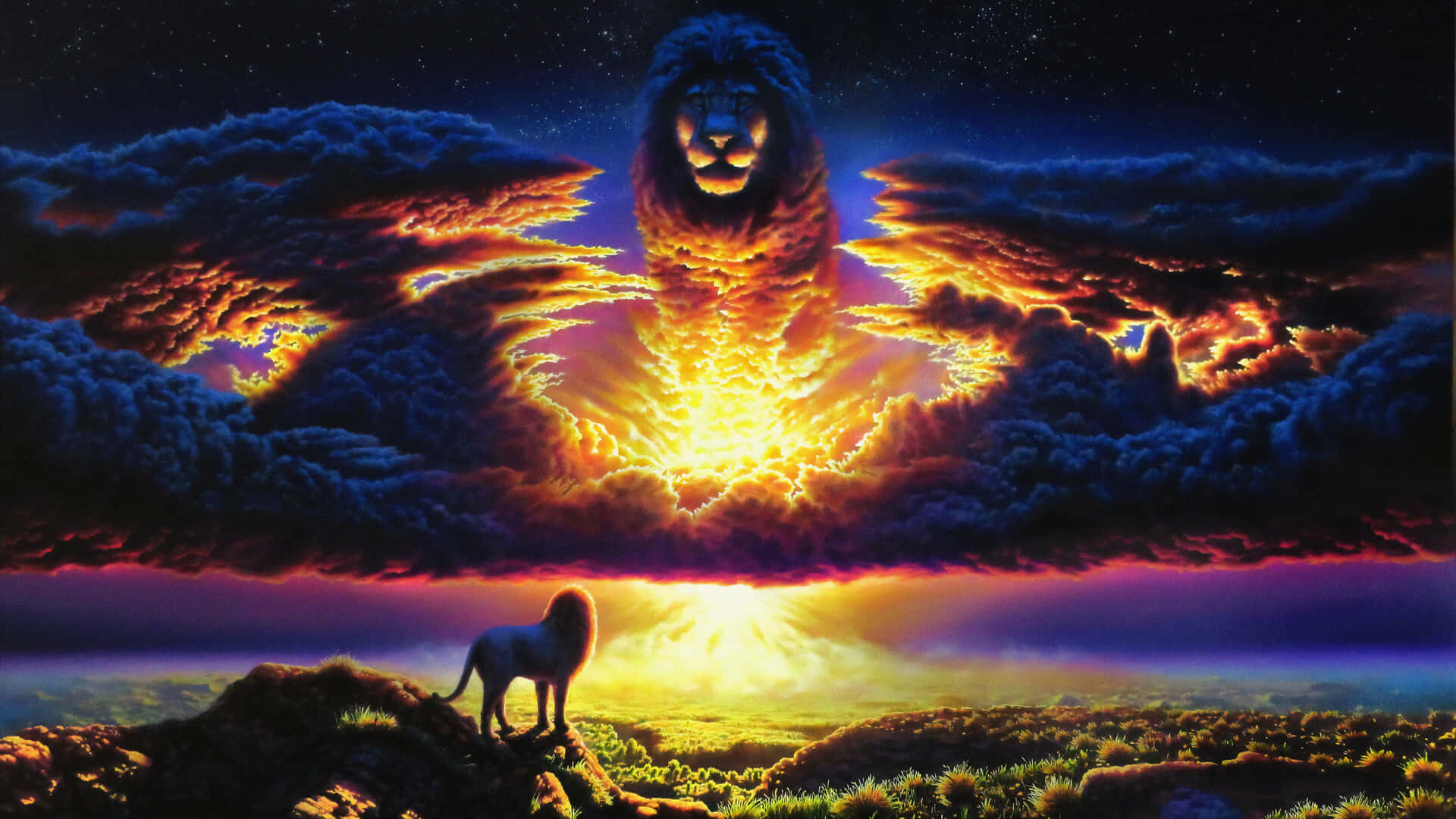 一頭小獅子抬頭看著一頭巨大的獅子從雲層中升起，背景是色彩繽紛的日落天空。