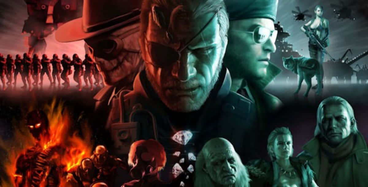 Metal Gear Solid Characters 桌布 壁紙 — 黑暗電影風格的拼貼畫，描繪殭屍倖存者和武裝士兵在烈火熊熊的末日戰區中。