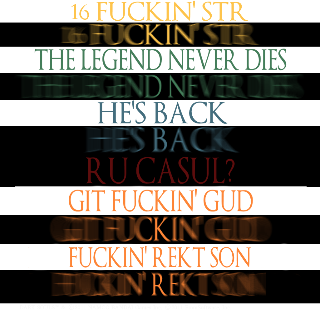 黑暗靈魂巨爹迷因 壁紙 — 大膽的塗鴉風格文字，帶有「THE LEGEND NEVER DIES」和「GIT FUCKIN' GUD」等短語，以發光色彩疊加在黑色背景上。