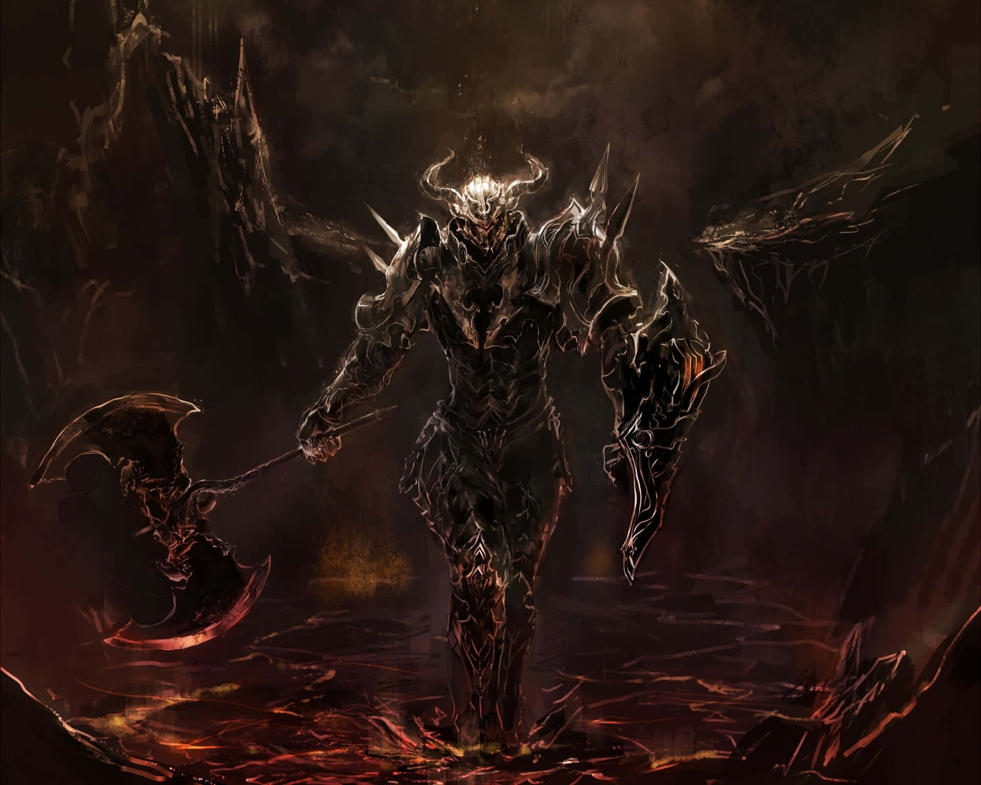 黑暗魔法大師 壁紙 — 一個身穿尖刺盔甲的可怕有角惡魔，在黑暗的洞穴中手持巨斧涉過發光的熔岩。