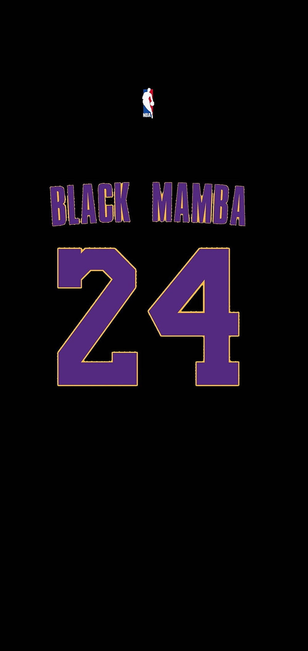 黑曼巴24號湖人隊標誌 壁紙 — 大膽紫色 'BLACK MAMBA 24' 球衣文字，配金色邊框和NBA標誌，在純黑背景上。