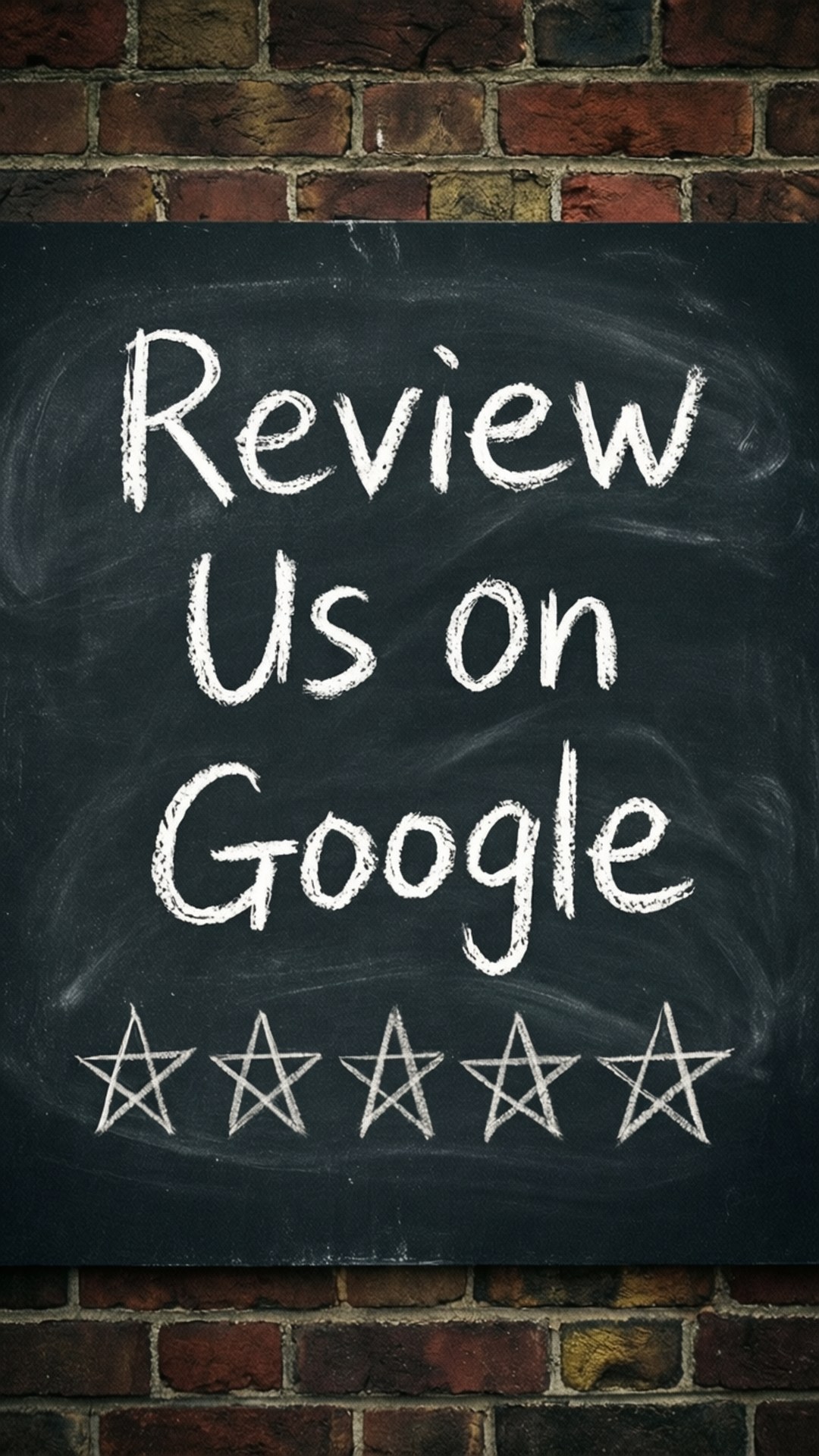 黑板上有粉筆字要求Google評論，下方畫有五顆星。