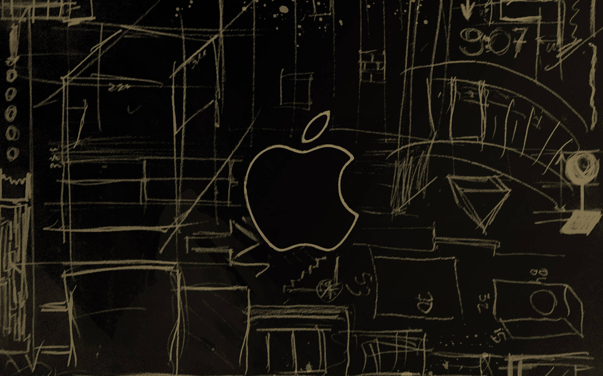 黑色背景上以白色勾勒的 Apple 標誌，搭配抽象建築草圖。