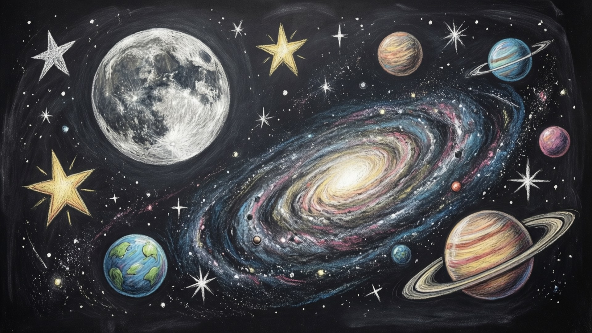 黑板風格的藝術作品，描繪了一個被行星、衛星和恆星環繞的星系。
