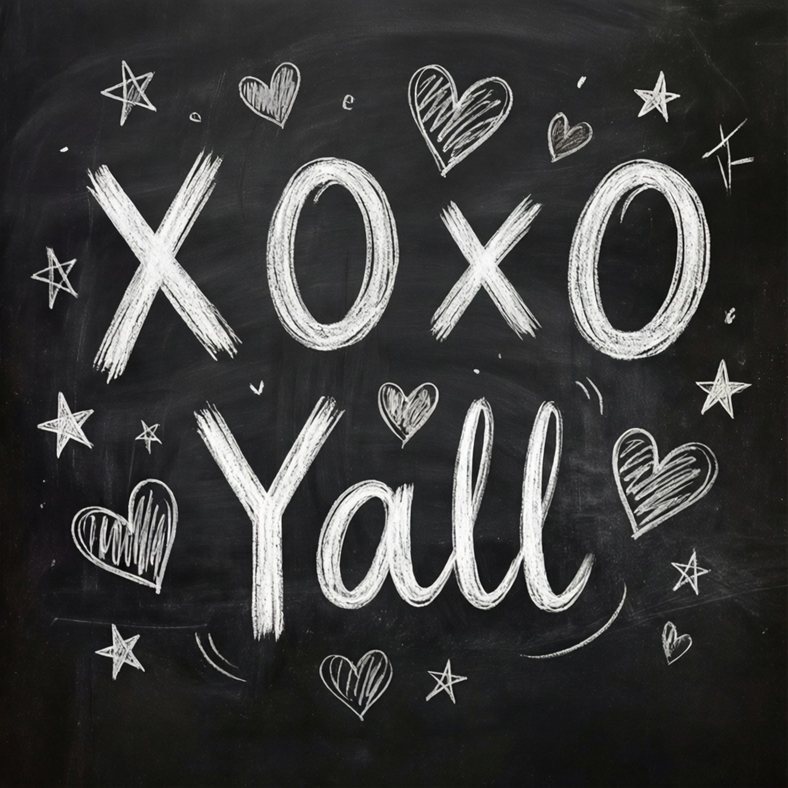 黑板上用粉筆寫的 XOXO Y'all，附有心形和星星。