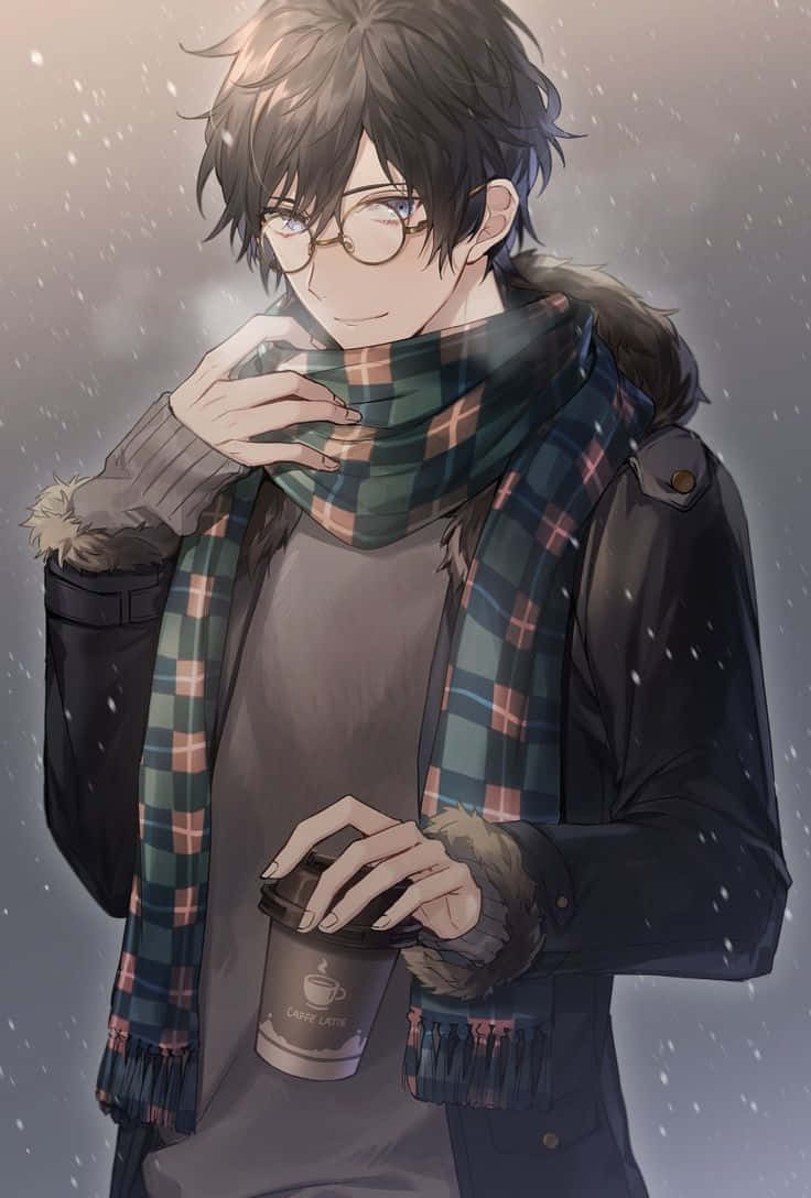 年輕動漫男子身穿冬季外套和頸巾，喺雪花飄落時拎住咖啡杯。