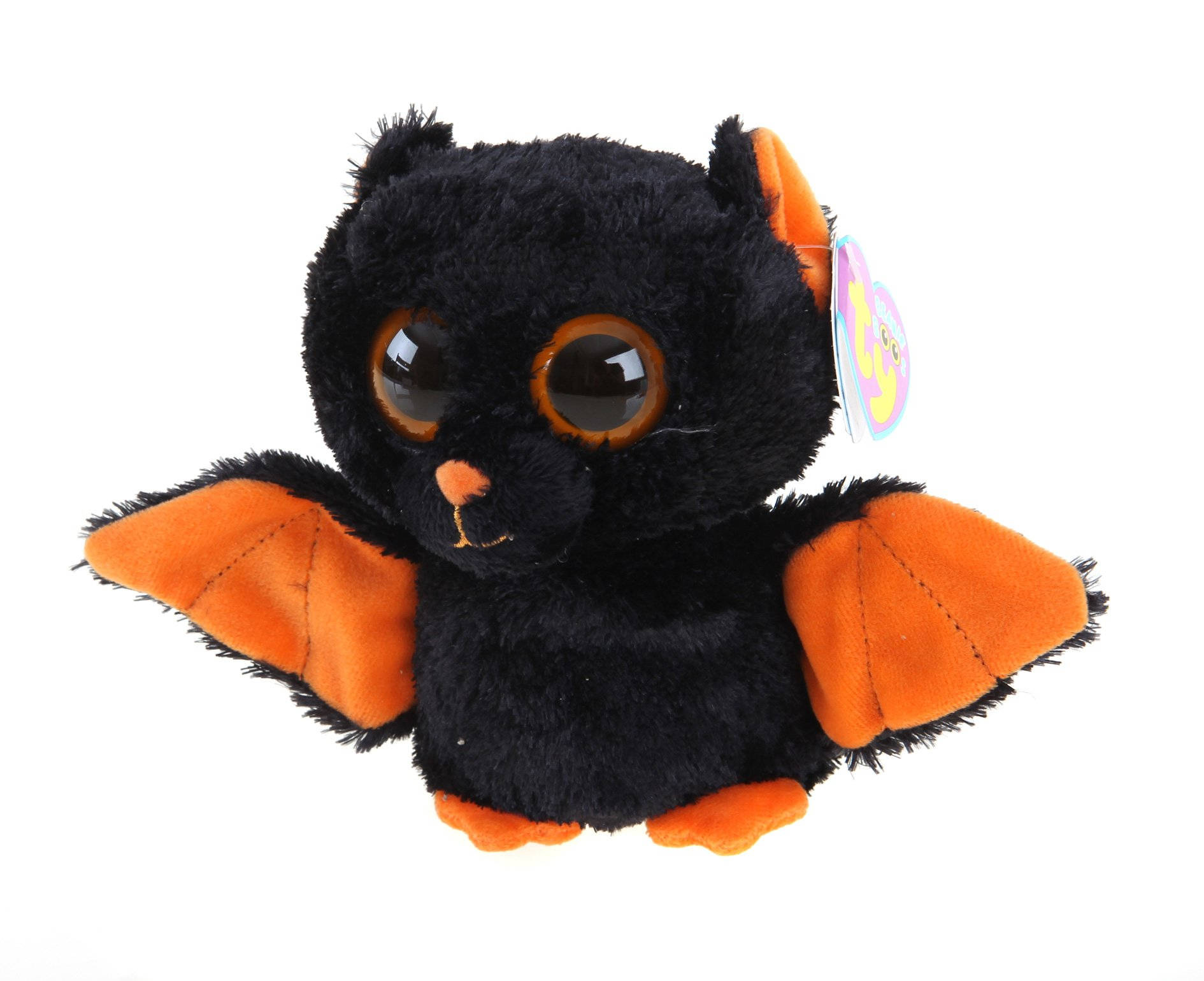 黑橙色Beanie Boos蝙蝠 壁紙 — 一個柔軟的黑色蝙蝠玩具，帶有明亮的橙色翅膀和大而閃亮的眼睛，放在白色背景前。