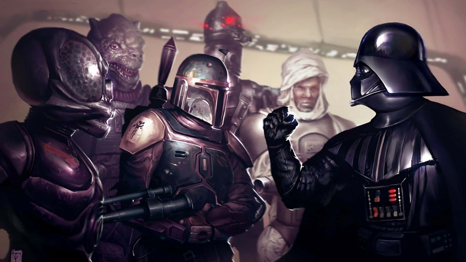 The War Of The Bounty Hunters 桌布 壁紙 — 黑武士在光線昏暗的太空船走廊中指揮一群不同種類的裝甲戰士。