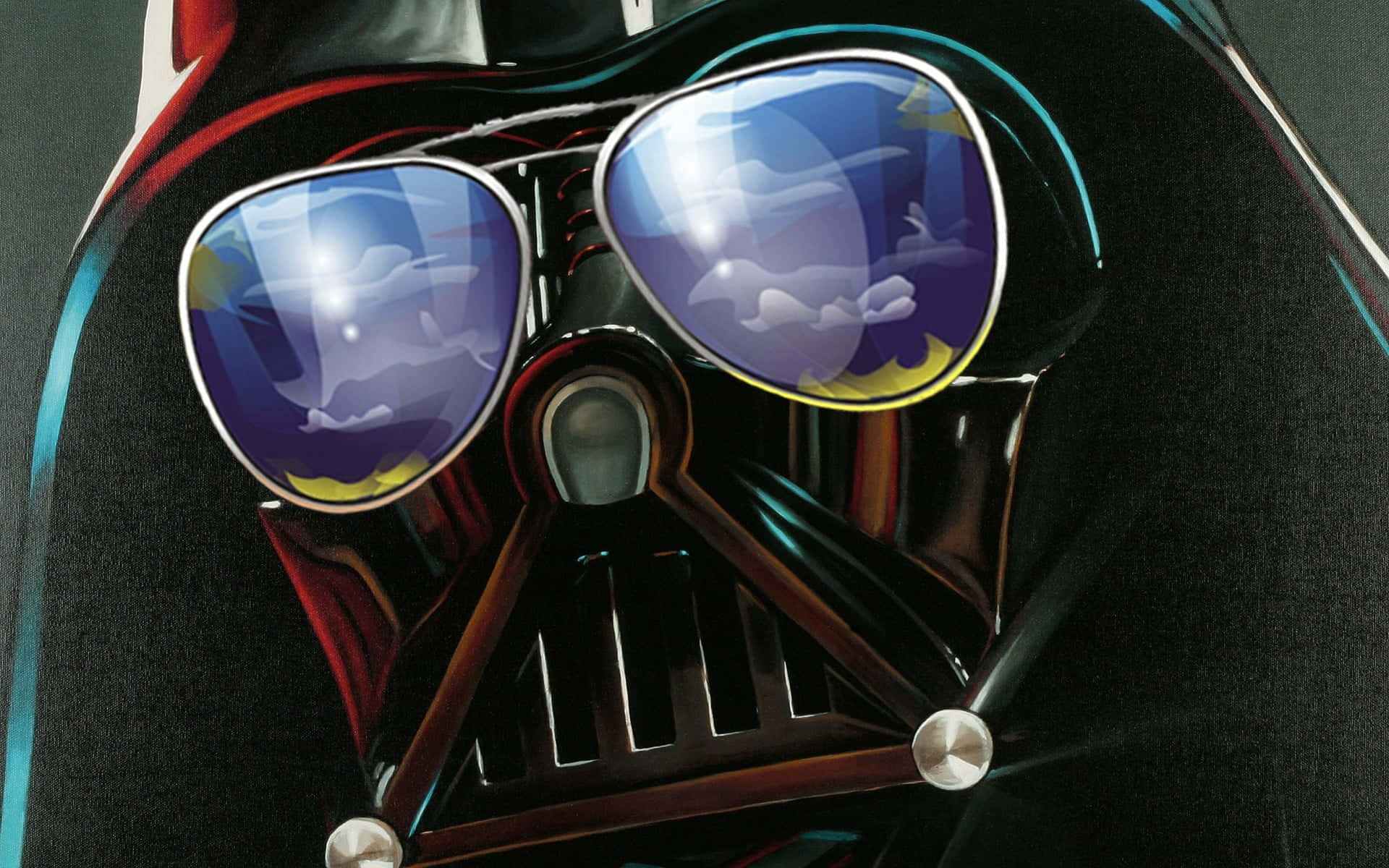 Sunglasses 桌布 壁紙 — 黑武士戴著飛行員太陽眼鏡，映照出充滿雲朵和陽光的鮮豔天空。