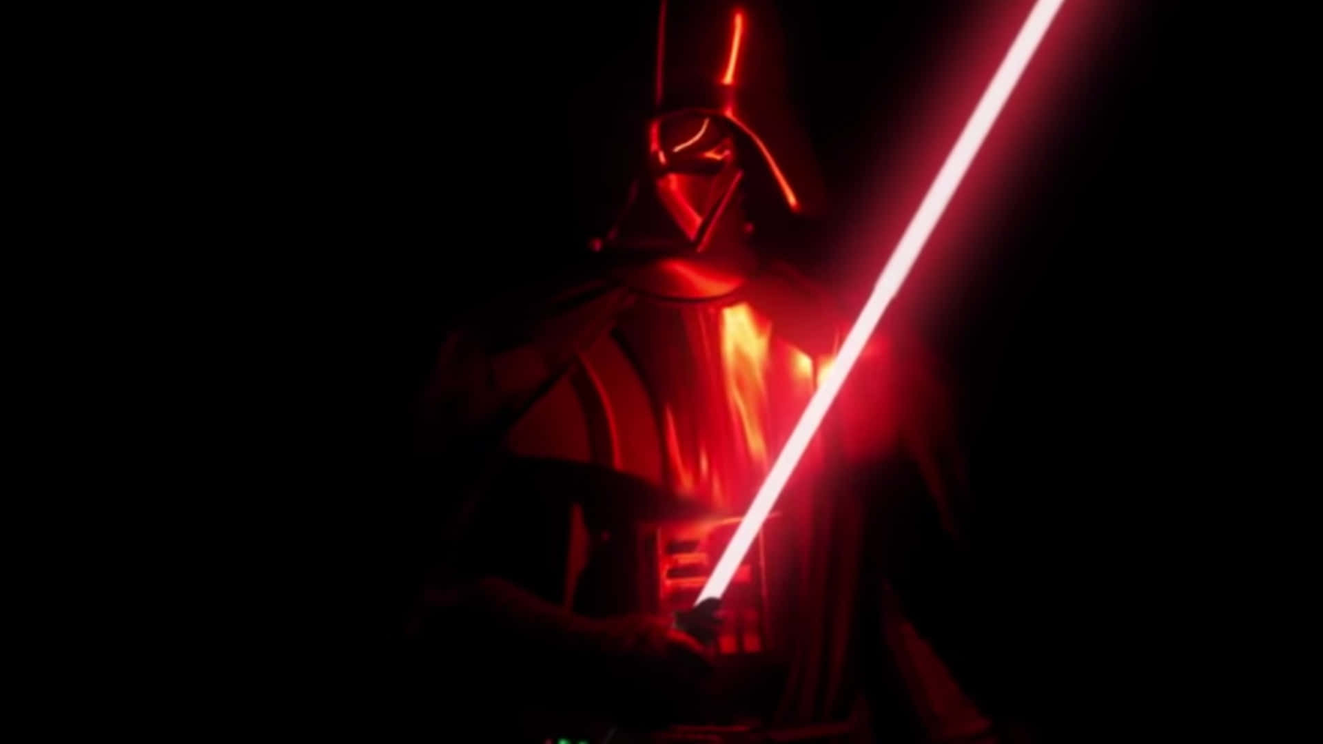 Mustafar 桌布 壁紙 — 黑武士站在黑暗中，手持一把發光的紅色光劍，其不祥的紅光映照在他的頭盔和盔甲上。