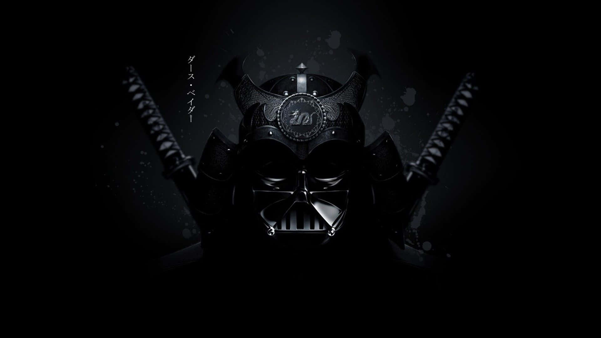 Cool Star Wars 桌布 壁紙 — 黑武士與武士頭盔的威脅性融合，背後交叉兩把武士刀，置於深色紋理背景上。