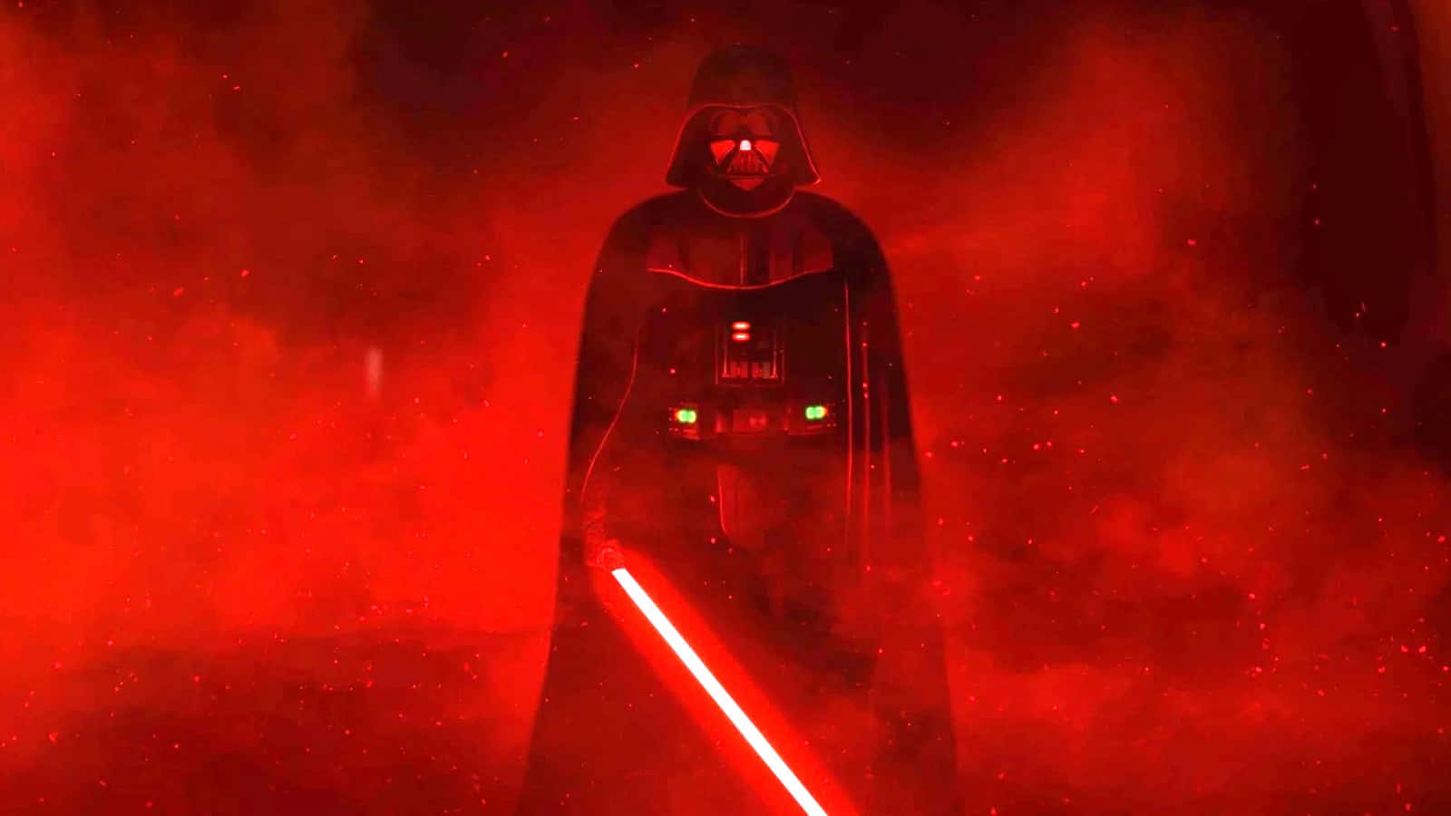 The Chosen One 桌布 壁紙 — 黑武士達斯維達在旋轉的紅色迷霧中威風凜凜地站立，手持一把發光的紅色光劍。