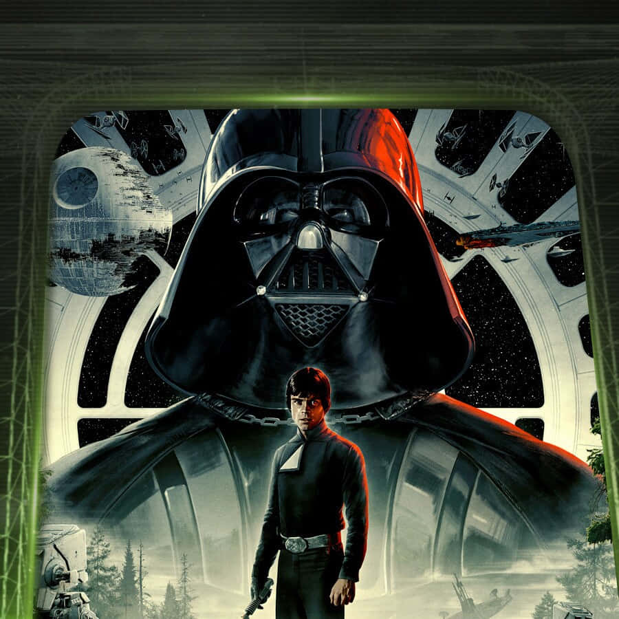 Return Of The Jedi 桌布 壁紙 — 黑武士達斯維達在盧克天行者身後巨大地聳立，背景是充滿星空的太空站，還有死星和X翼戰機。