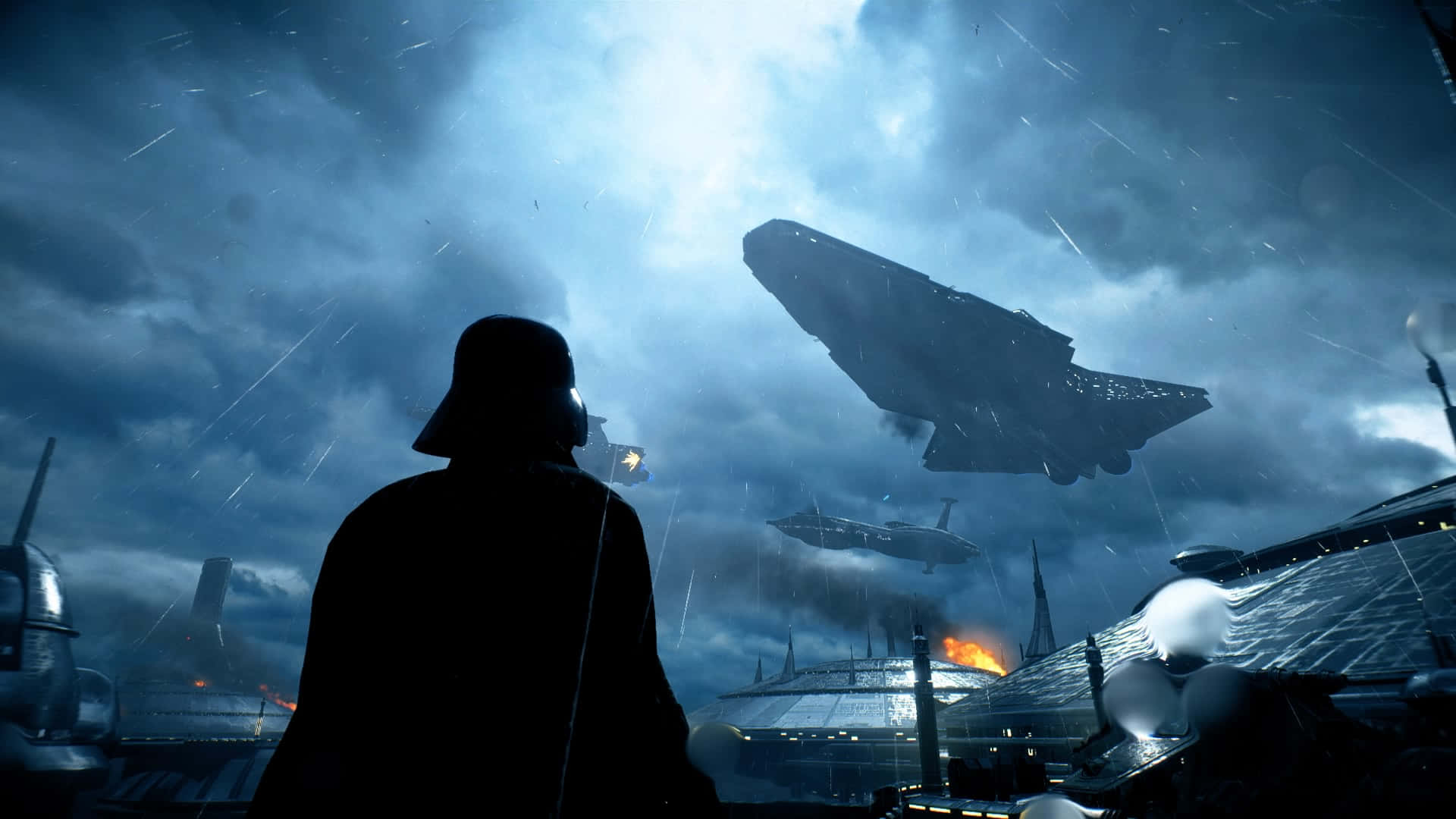 Kamino 桌布 壁紙 — 黑武士達斯維達的黑暗剪影站在雨中，星際戰機在暴風雨的天空下飛過燃燒的城市。