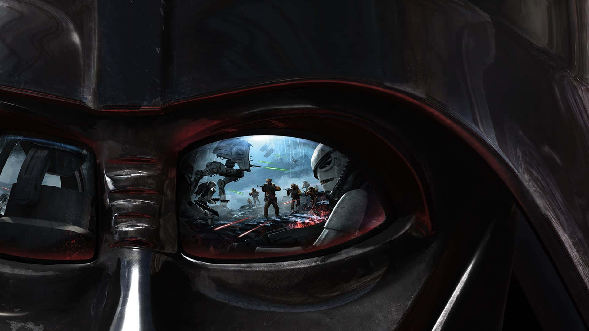 Galactic Empire 桌布 壁紙 — 黑武士頭盔的眼睛反射出在暴風雨天空下與風暴兵和AT-ST步行者進行的混亂戰鬥場景。