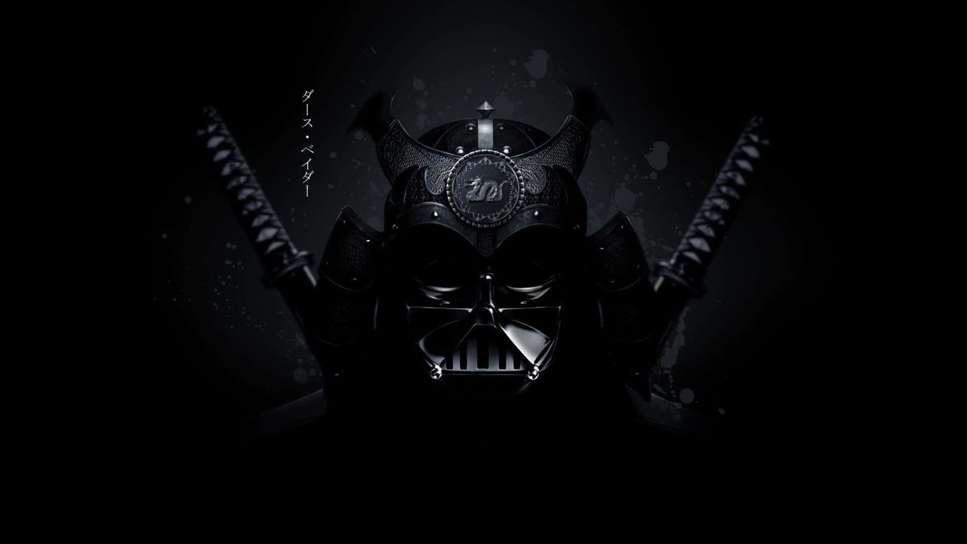 武士 桌布 壁紙 — 黑武士頭盔與武士頭盔的威脅性融合，背後交叉著兩把武士刀，置於深色紋理背景上。