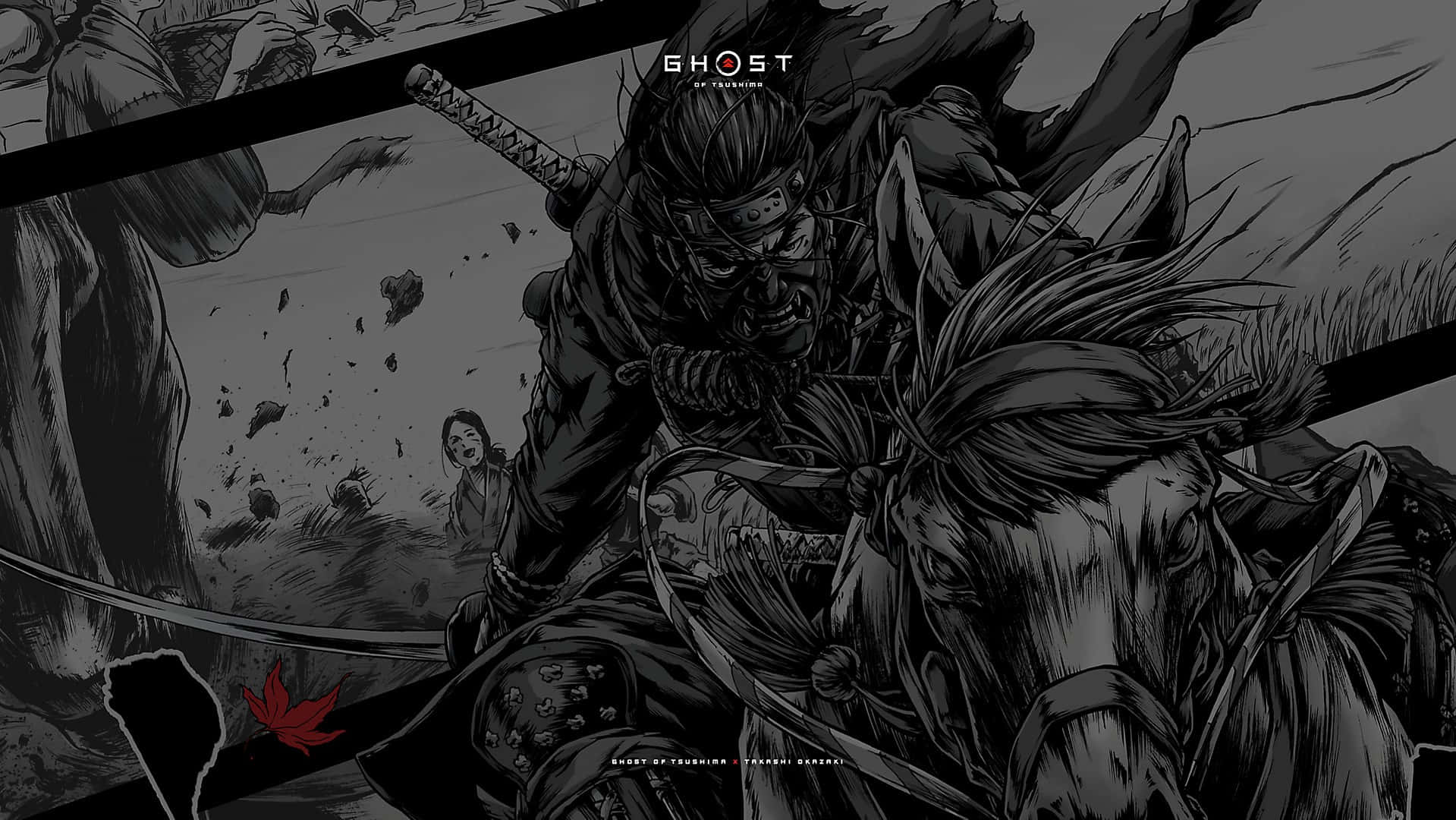 黑白動畫風格的騎馬武士戰士，帶有紅色楓葉
