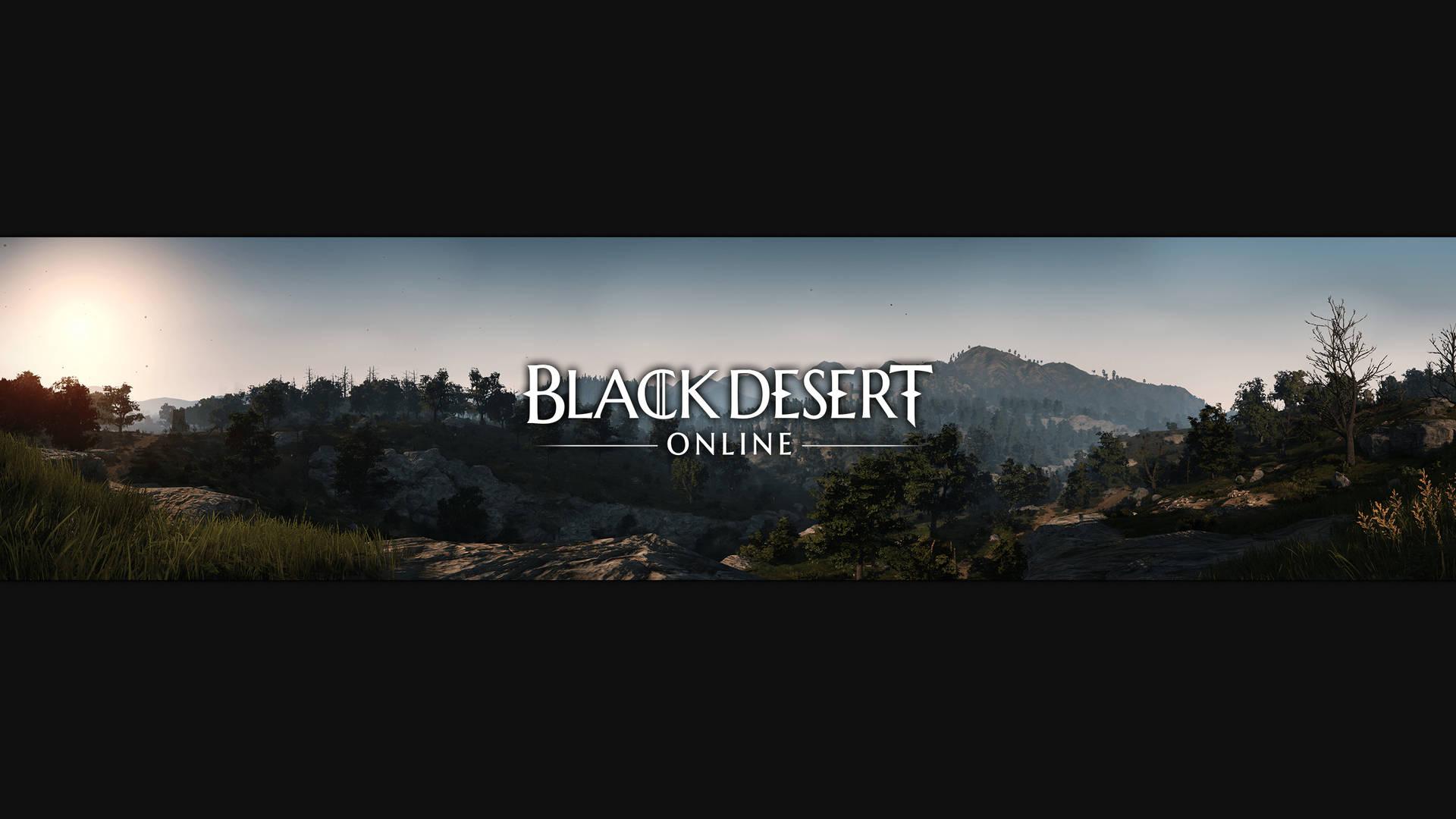夕陽映照岩石山脈與樹木，遊戲標題 Black Desert Online 居中。