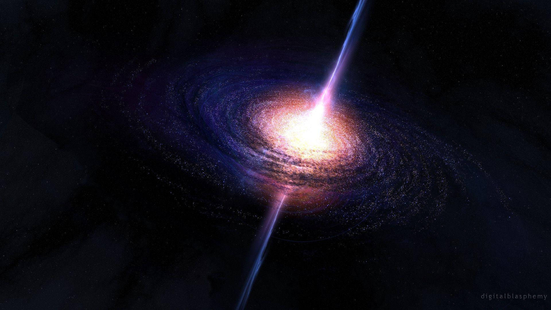 一個發光的螺旋星系，在深空中從其核心射出明亮的噴流。