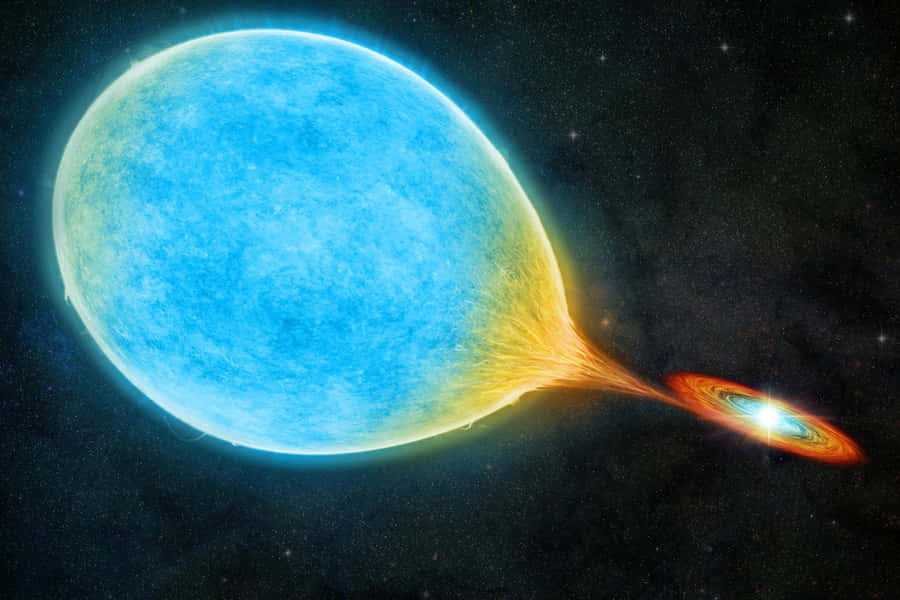 黑洞天文攝影 壁紙 — 一顆明亮的藍色恆星將熾熱的橙色物質噴射到太空中，在中央明亮物體周圍形成發光的吸積盤。