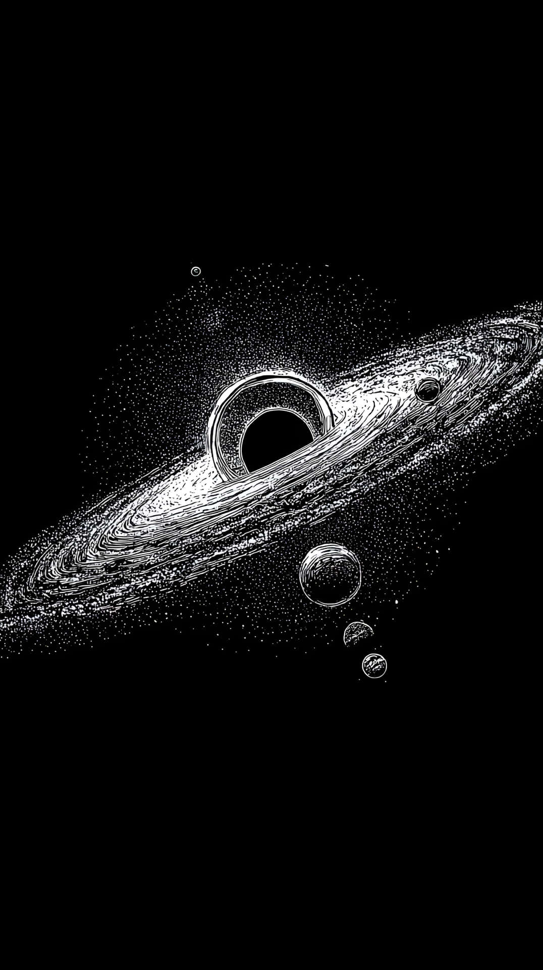 帶有發光吸積盤和軌道行星的黑洞 — 手機 壁紙