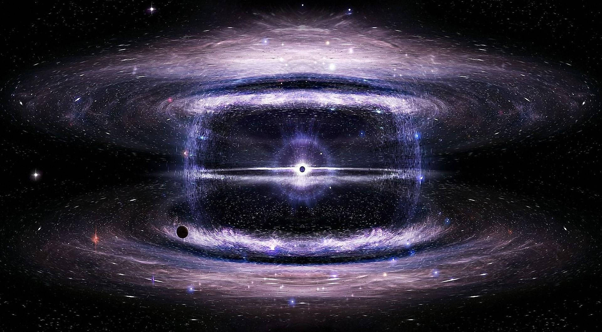 深空中帶有發光吸積盤和周圍恆星的黑洞。