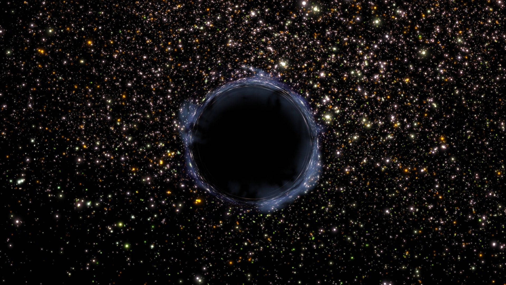 黑洞帶有發光圓盤，被深空中遙遠的恆星環繞。
