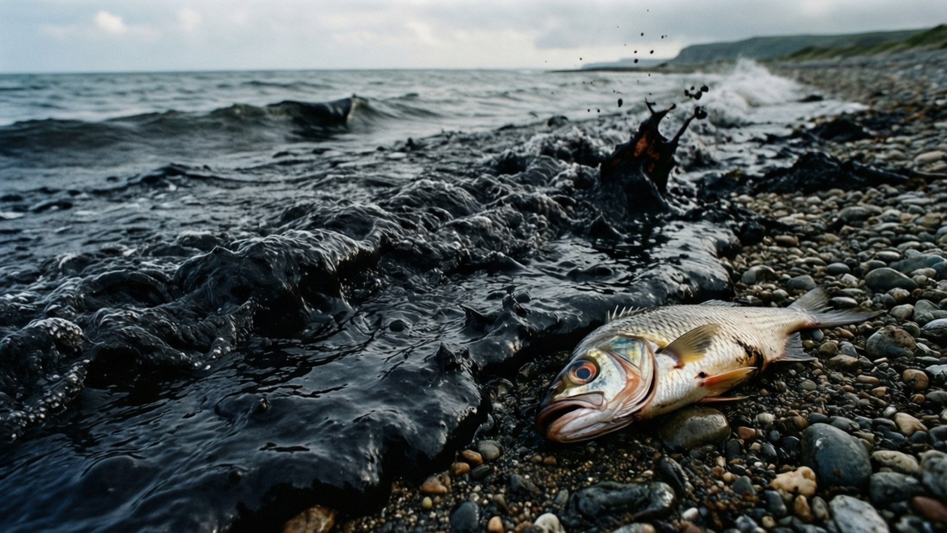 死魚在油污卵石灘上，附近有波浪拍打。