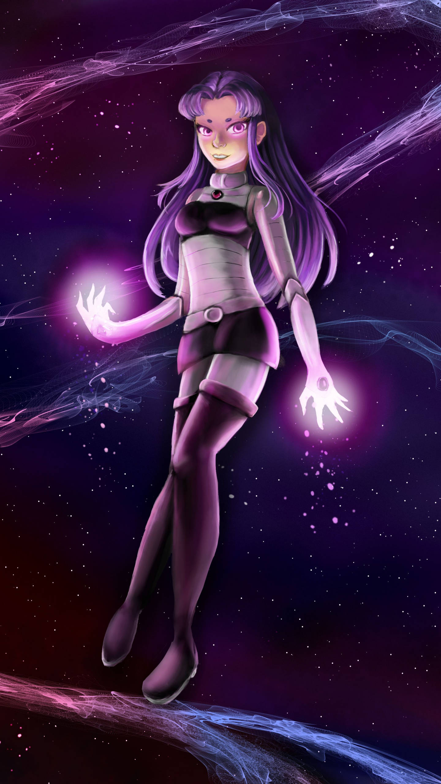 黑火在星際 壁紙 — 一個紫髮動漫女孩漂浮在宇宙虛空中，發光的雙手向佈滿星星的紫色和藍色星雲散發出輻射能量。