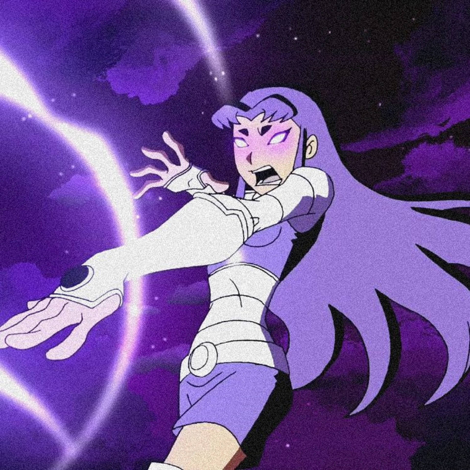 紫髮白甲動漫女孩在太空中釋放發光能量。