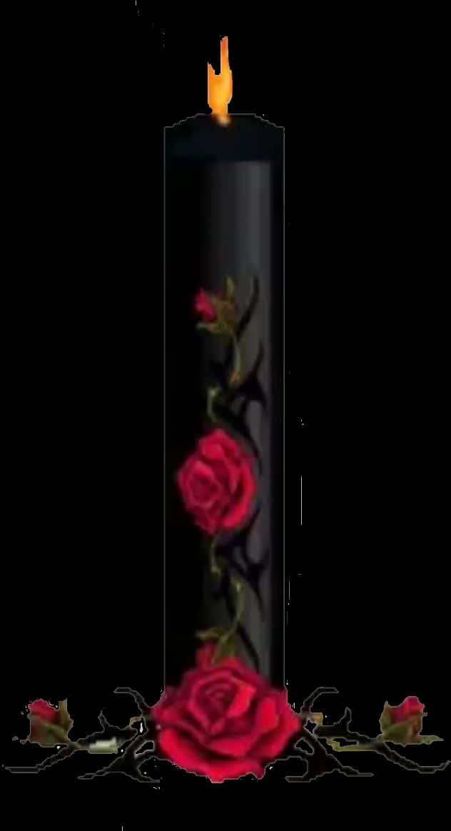 黑燭點綴紅玫瑰 壁紙 — 一支高大的黑色蠟燭，帶有閃爍的火焰和攀爬其表面的紅玫瑰，背景為深色。