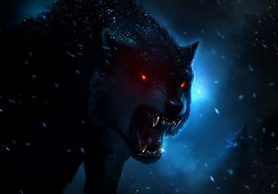黑狼向月光嚎叫 壁紙 — 一隻帶有發光紅眼的兇猛黑狼在雪夜中咆哮，被詭異的藍光照亮。