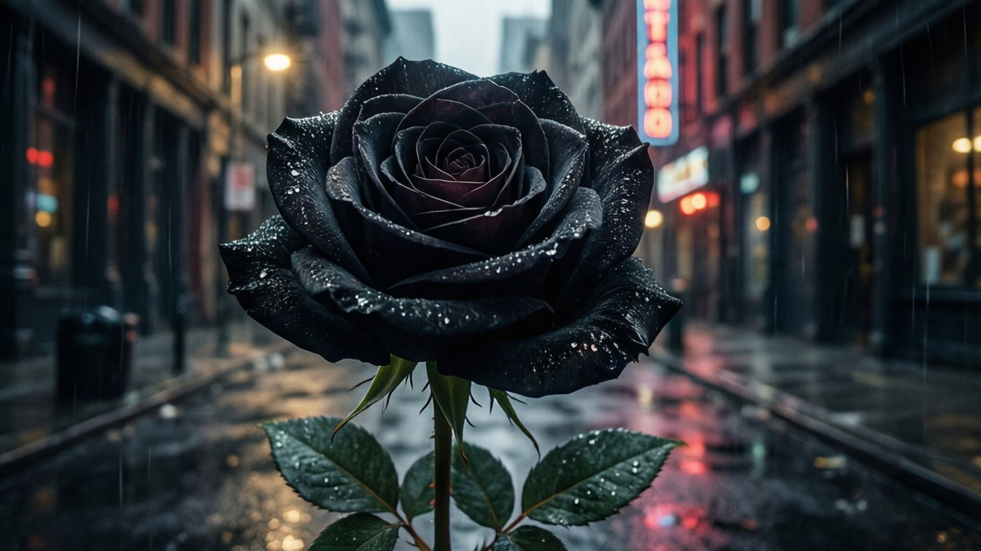 一朵黑玫瑰，濕葉上帶有水珠，佇立在雨夜的街道上，周圍是發光的霓虹招牌。