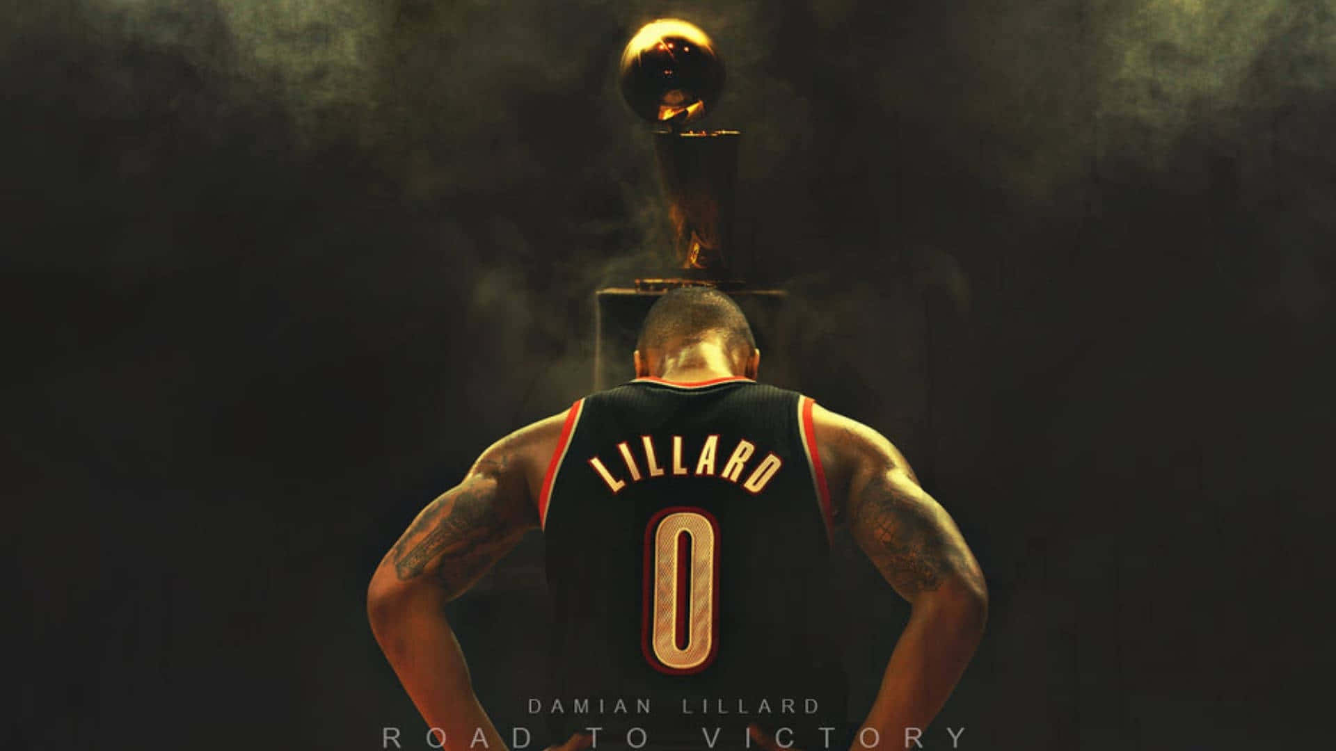 籃球運動員 Damian Lillard 身穿球衣，在黑暗煙霧環境中面對NBA獎盃。