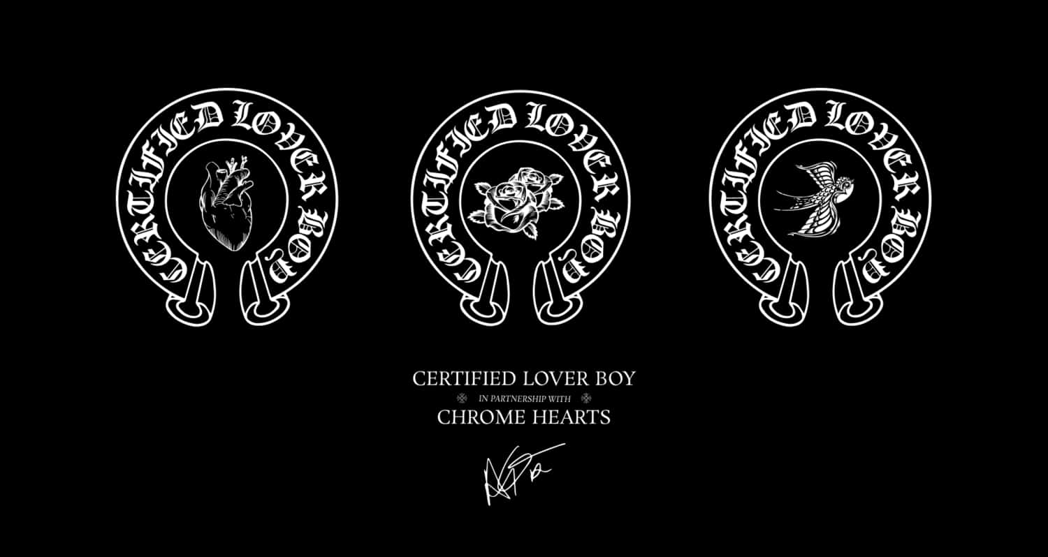 黑色背景上的三個白色標誌，帶有心形、玫瑰和鳥圖案，以及Chrome Hearts合作文字。
