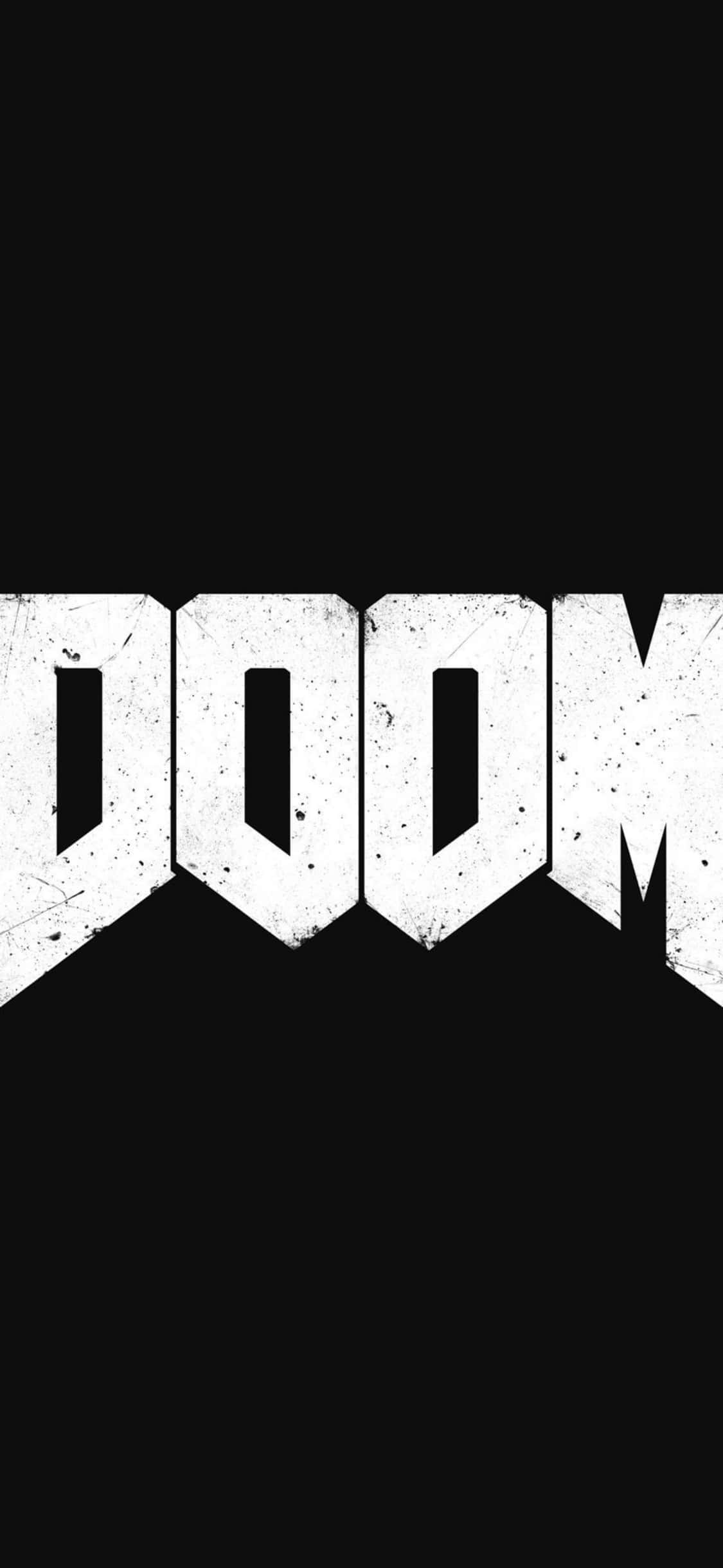 黑白《Doom》iPhone XS背景 壁紙 — 「DOOM」一詞以粗體白色磨損字體居中顯示在純黑色背景上。