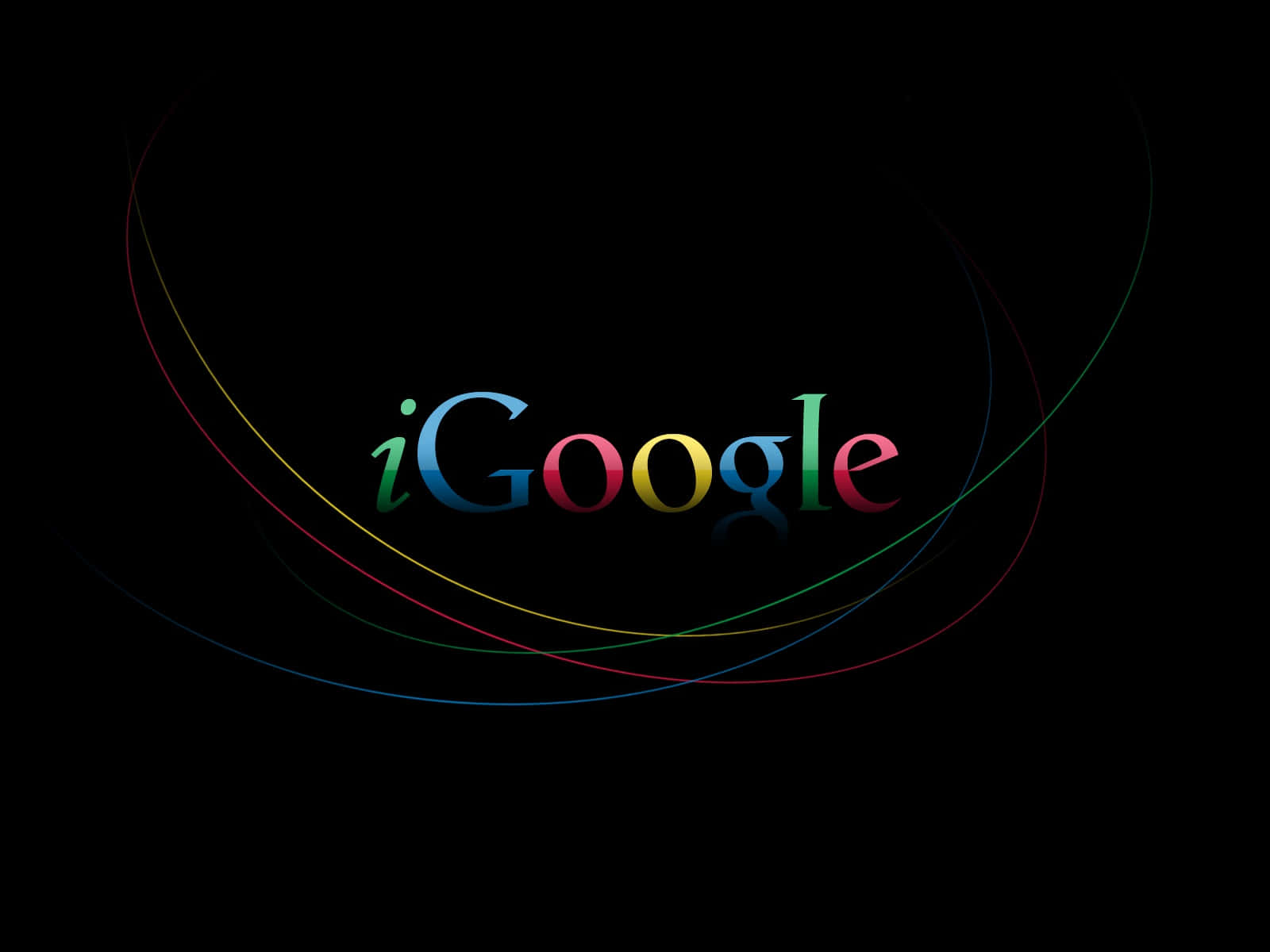 黑白 Google 標誌壁紙 壁紙 — iGoogle 標誌在黑色背景上發出彩虹色光芒，周圍環繞著旋轉的多色線條。