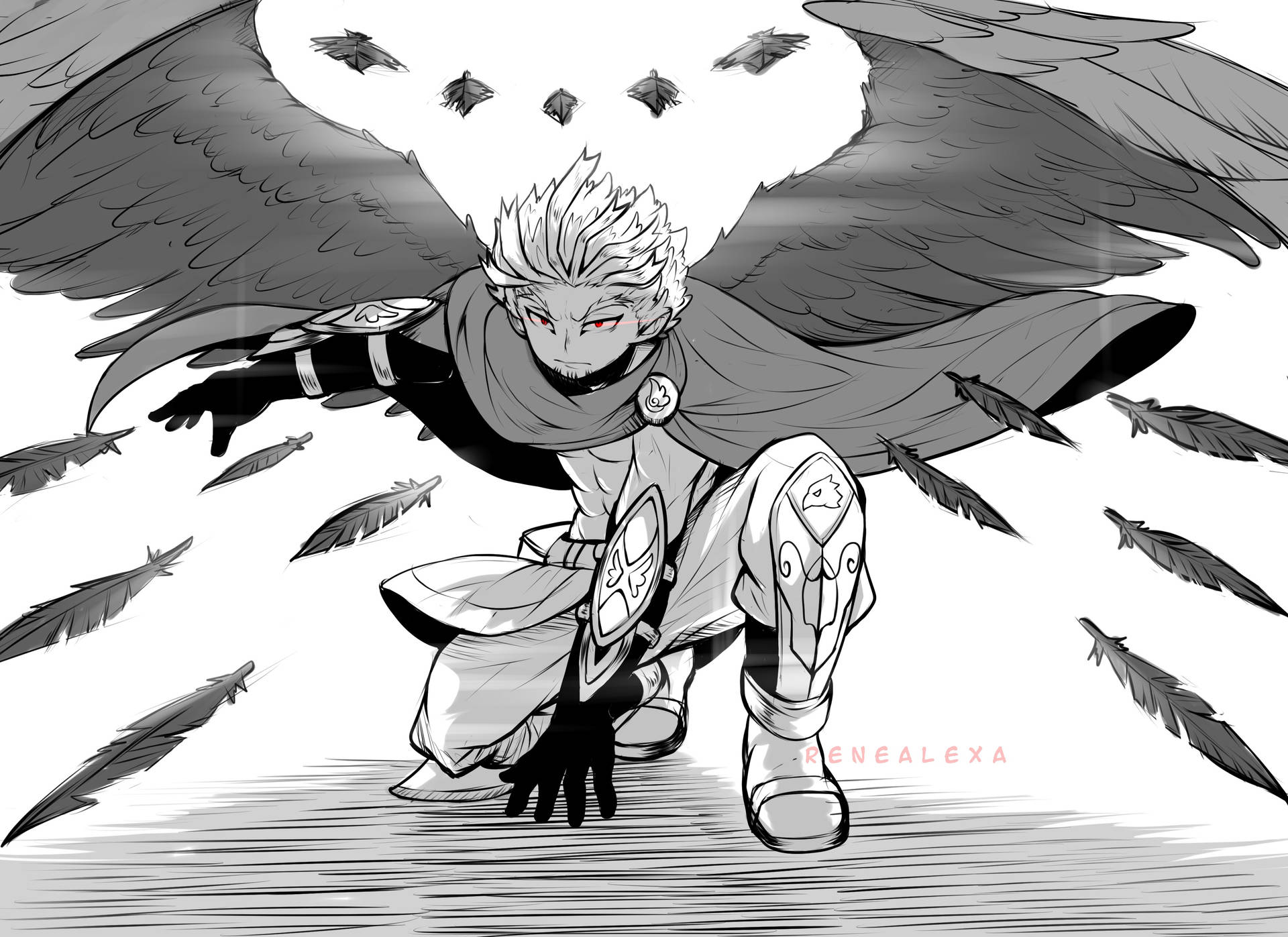 黑白 Hawks《我的英雄學院》 壁紙 — 一個動態的動漫角色，有著尖刺的白髮和大翅膀，蹲在漂浮的羽毛中，呈現單色插圖。