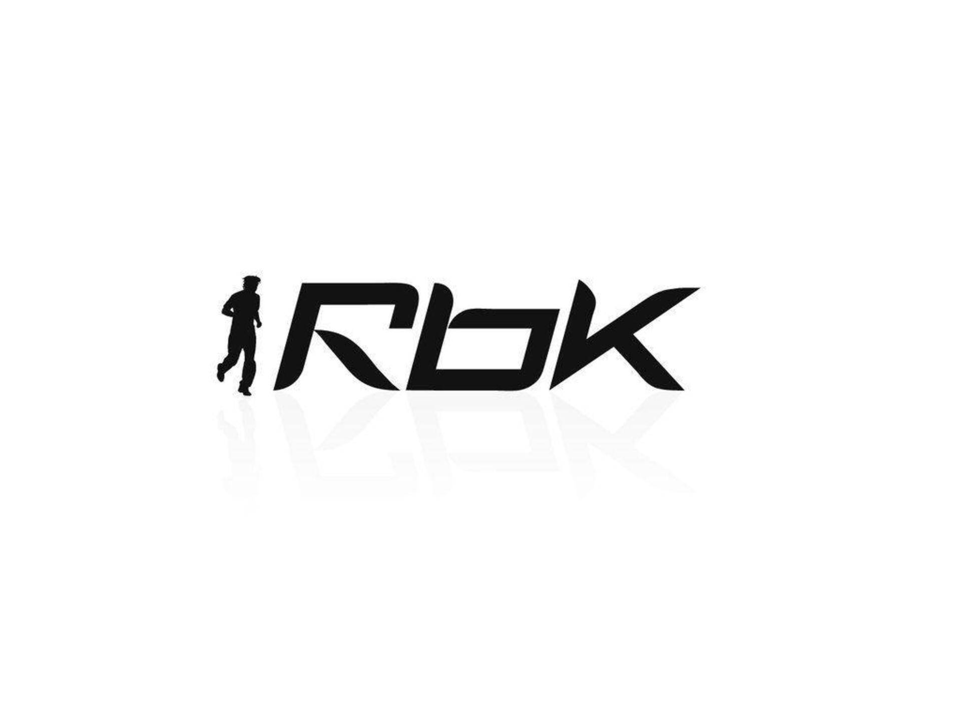 黑色ROK標誌，帶有跑步人物剪影和白色背景上的倒影。