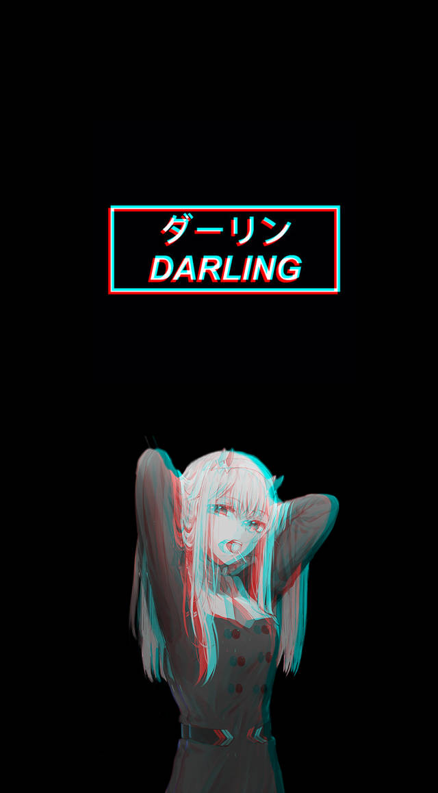白髮紅眼動漫女孩在發光的「DARLING」文字下，帶有紅藍色差效果。