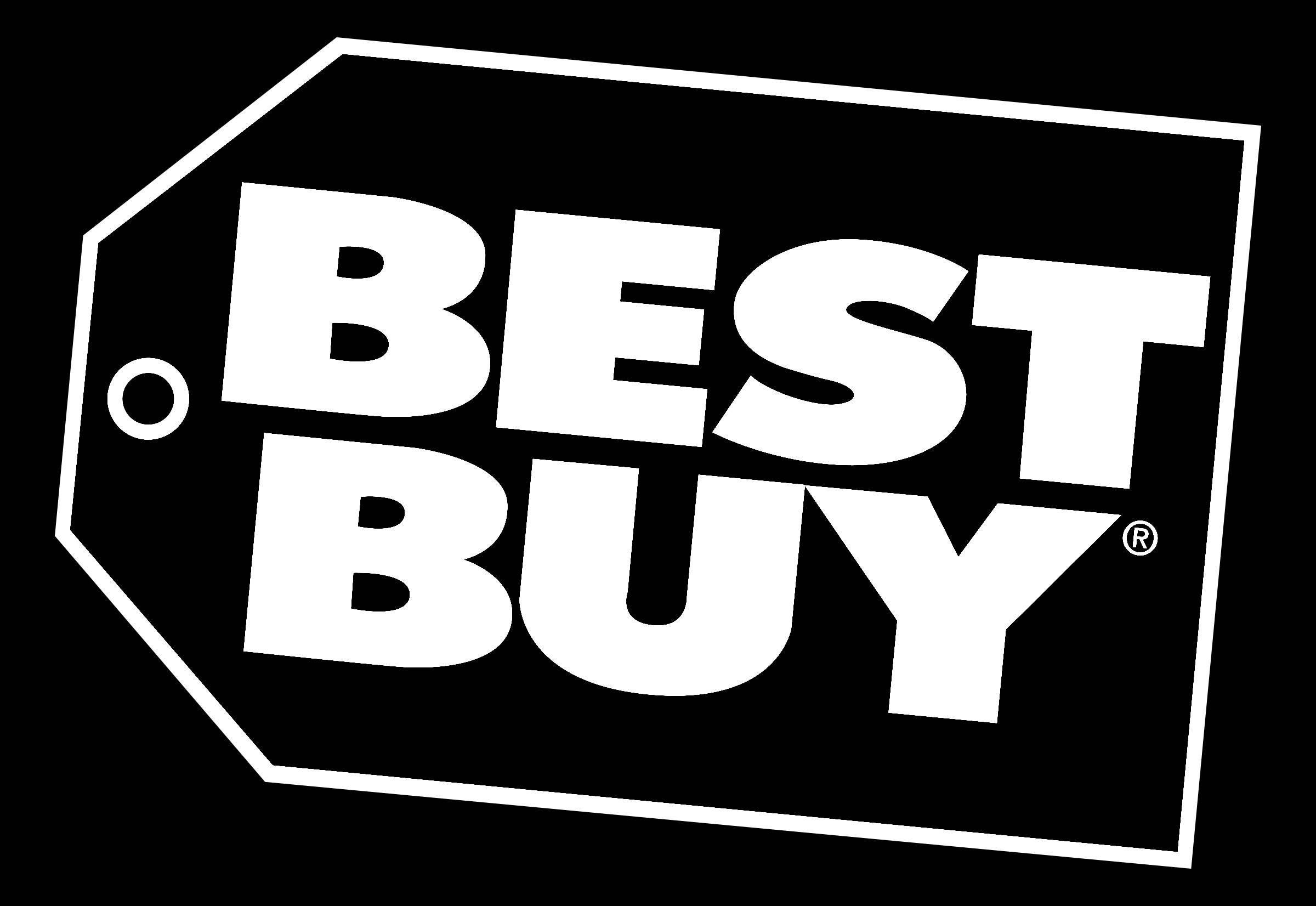 黑白Best Buy標誌 壁紙 — 黑色背景上粗體白色Best Buy標誌，帶有乾淨的幾何標籤形狀。