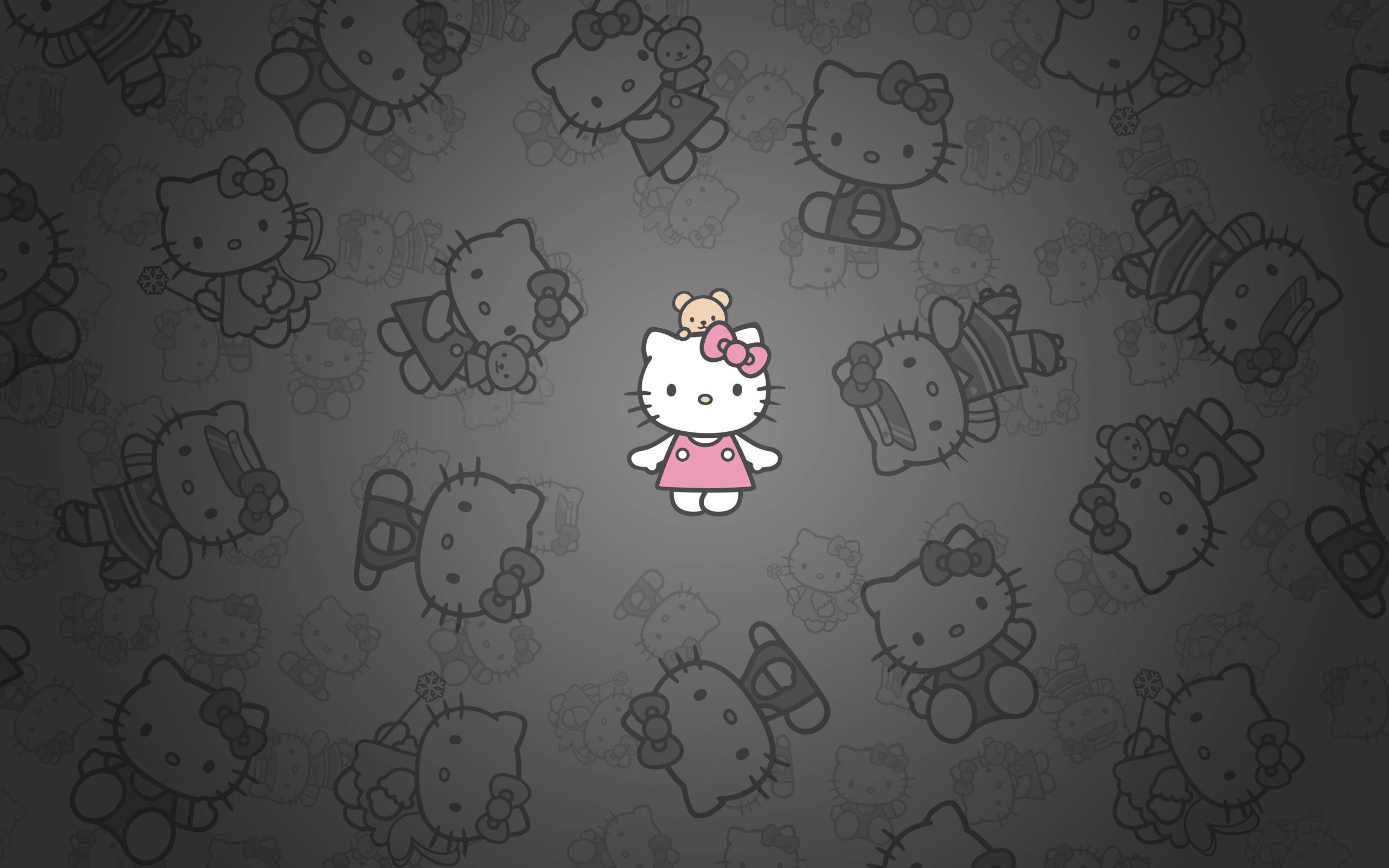 黑白Hello Kitty桌面壁紙 壁紙 — 中央色彩繽紛的Hello Kitty在單色圖案背景中脫穎而出，背景是她灰階變體的圖案。
