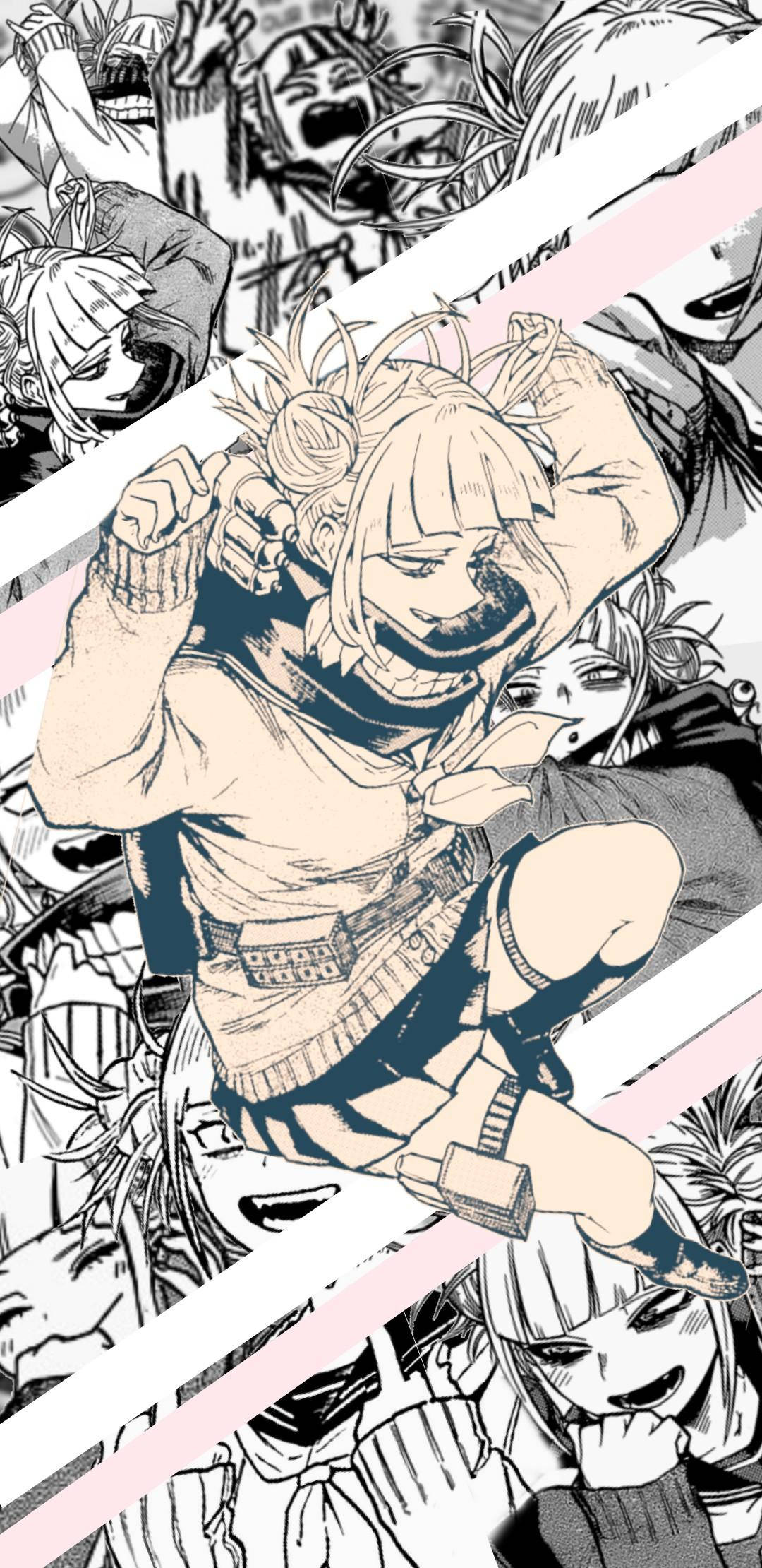 黑白Himiko Toga 壁紙 — 一個充滿活力的動漫角色，金髮，帶著兇猛的笑容，在混亂的尖叫面孔人群中向前跳躍。