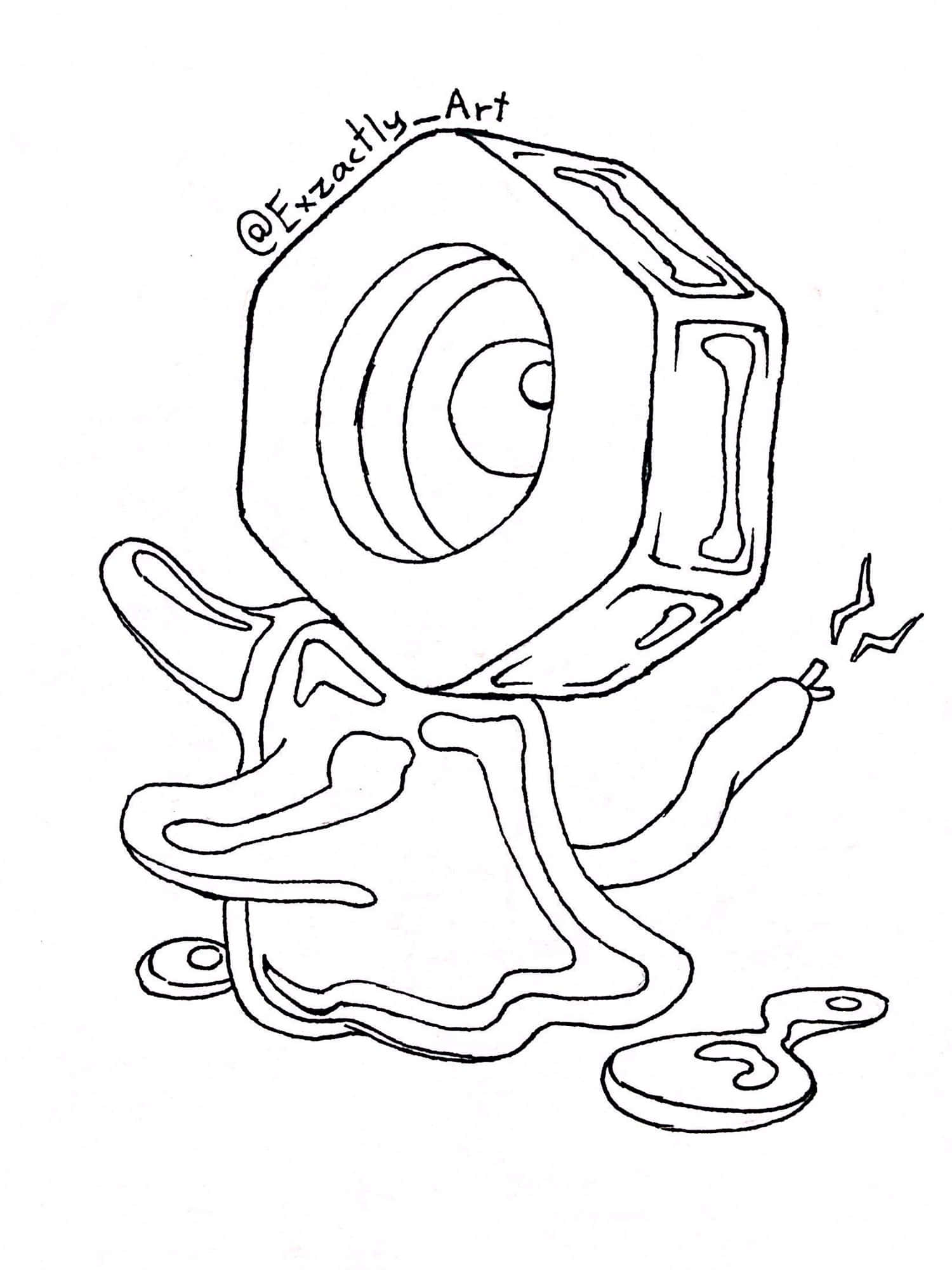 黑白Meltan 壁紙 — 一個異想天開的線條藝術生物，有著六邊形的頭部和融化中的四肢，用黑色墨水在白色背景上繪製。