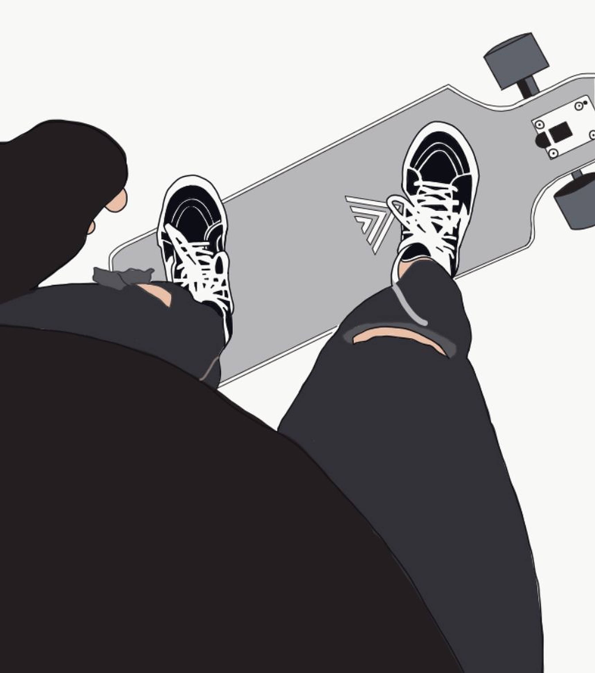 黑白Vans滑板男孩美學 壁紙 — 一個穿著黑色連帽衫和破洞牛仔褲的人，將腳擱在長板滑板上，腳穿白色運動鞋，背景簡潔。