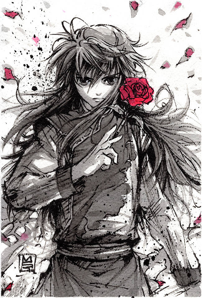 黑白Yoko Kurama 繪畫 壁紙 — 一個長髮的憂鬱動漫女孩，在濺滿黑白背景上拿著一朵紅玫瑰。