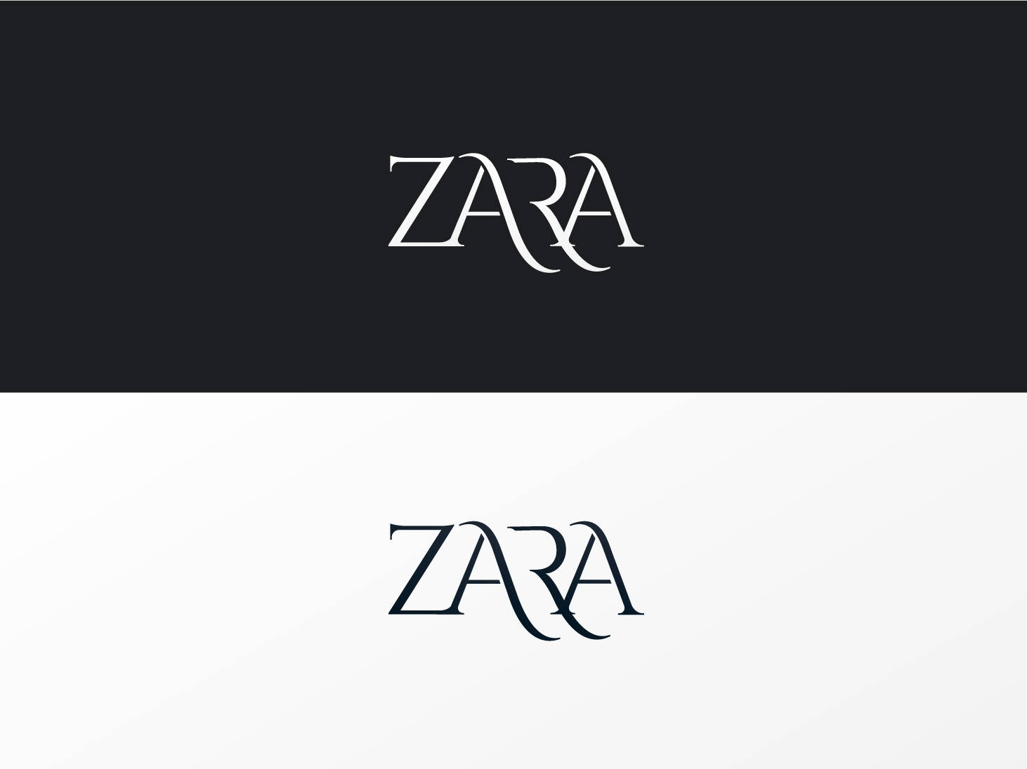 黑白ZARA標誌圖示 壁紙 — Zara 標誌以優雅的白色字體顯示在黑色背景上，並在白色背景上反轉顯示。