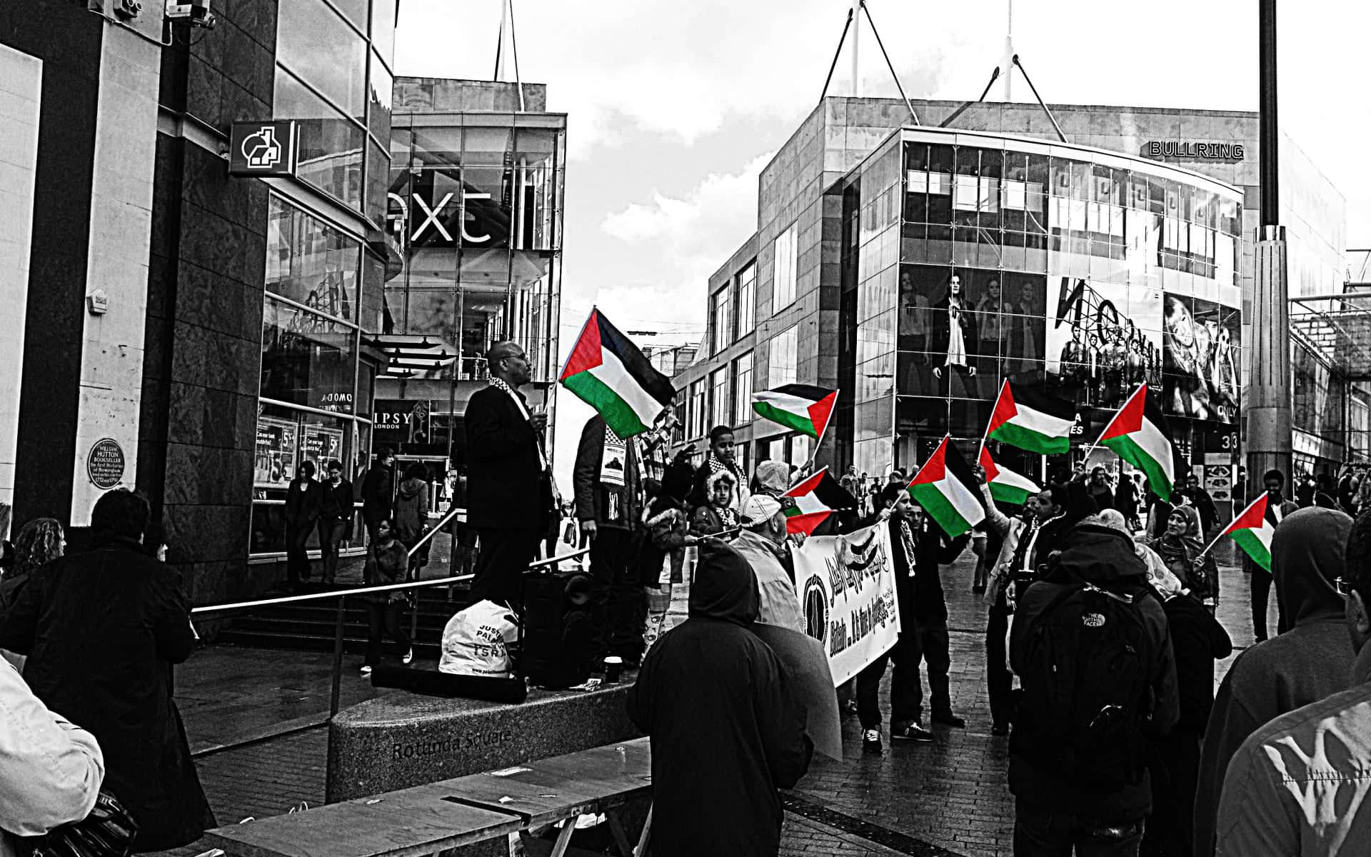 Palestine 桌布 壁紙 — 黑白人群喺城市廣場抗議，揮舞巴勒斯坦旗幟同橫額，附近有現代玻璃建築。